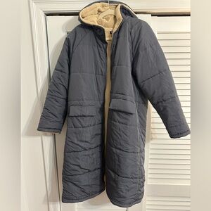 Worn once. Gray Blue Sherpa Lined Hooded Puffer Coat